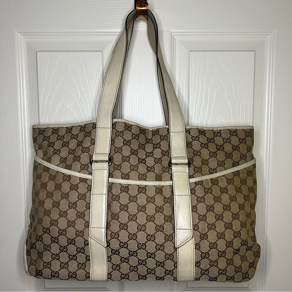 Gucci GG Canvas Tote Shoulder Leather Khaki Beige 153238 with original dust bag